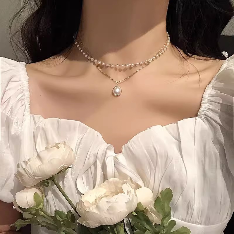 초커 라이트 럭셔리 틈새 레트로 더블 펄 Necklace-B028 골드