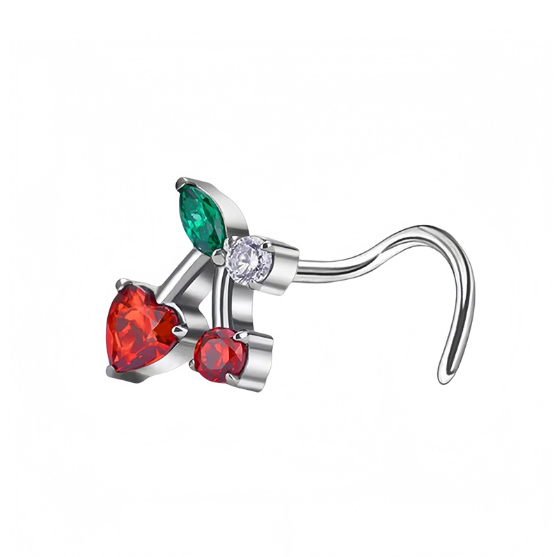 Piercing nez cerise en acier inoxydable avec zircon brillant_voghion.com