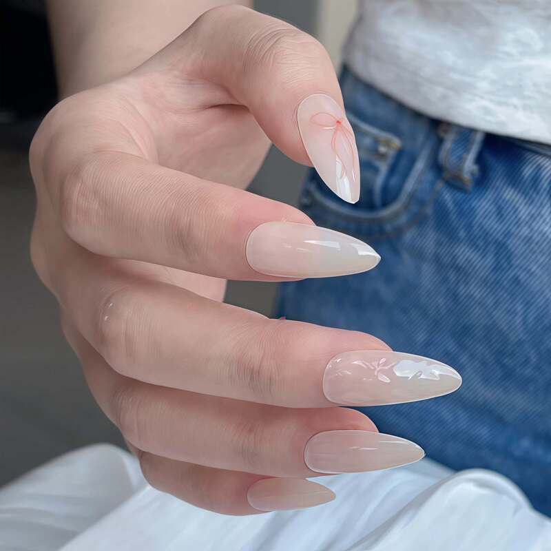 24 Pieces of Simple 3D Bow-Decorated Almond-Shaped Press-On Nails, Beautiful and Cute Fake Nails, Same Style as on Instagram, Boxed 24 Pieces of Simple 3D Bow-Decorated Almond-Shaped Press-On Nails, Beautiful and Cute Fake Nails, Same Style as on Instagram, Boxed