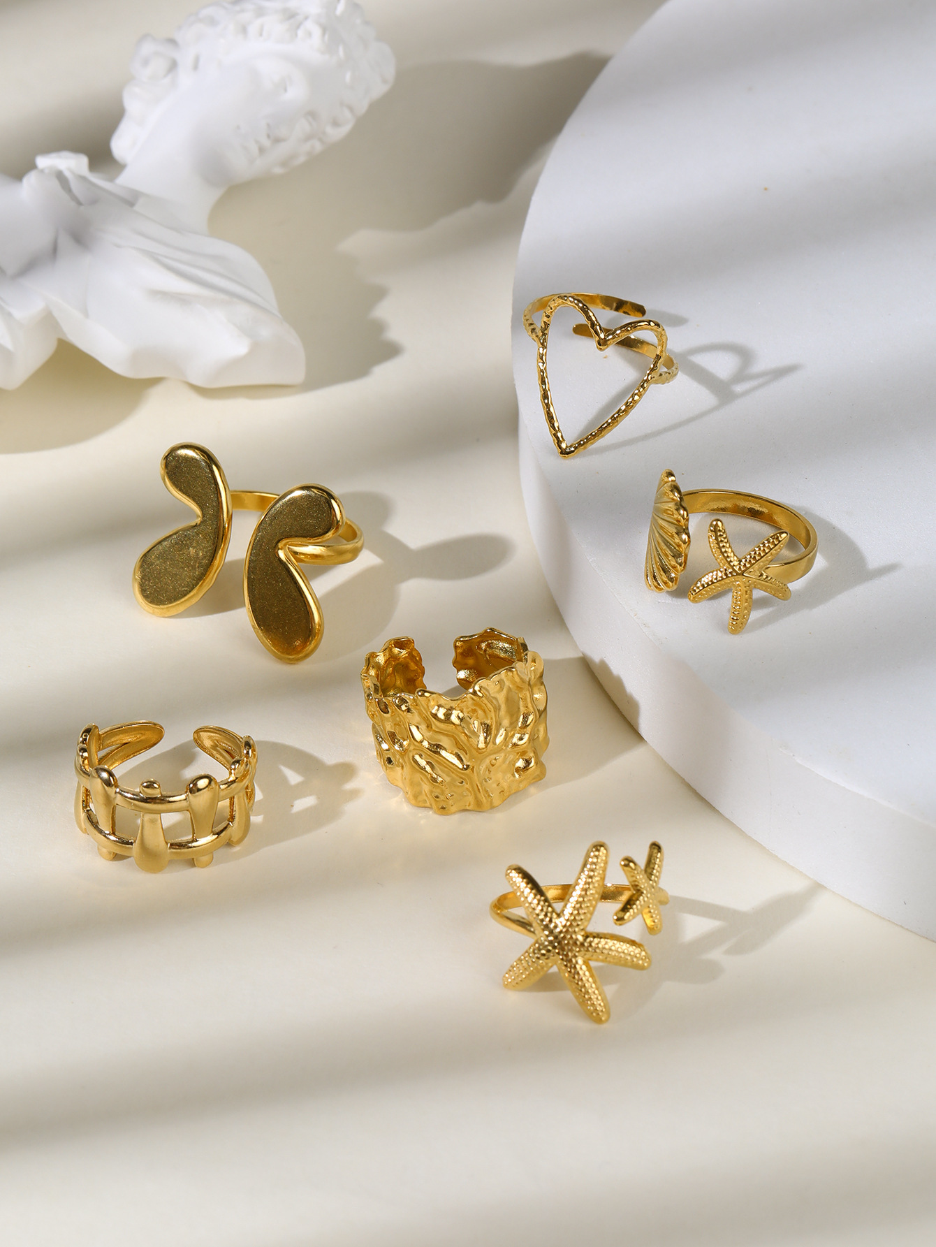 10g Weight Open Rings Classification 1 Piece Quantity Holiday, Daily Occasion 304 Stainless Steel Material Starfish, Heart Shape Pattern Unisex Gender Plating Design Retro Style Wholesale Jewelry Retro Starfish Heart Shape 304 Stainless Steel Plating Open Rings 2