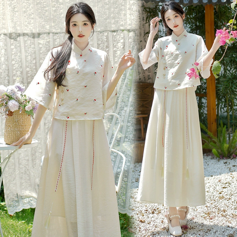 2025 новый летний стиль ретро китайский стиль улучшенный дзен литературная вышивка рубашка с воротником-стойкой и рукавом три четверти топы для женщин