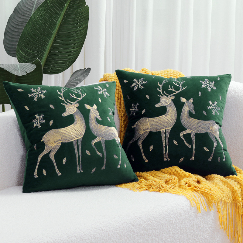 ヘラジカのクリスマスツリーブロンズ枕カバー、秋冬スノーフレーク刺繍クッションカバー45*45、クロスボーダーホットセール|undefined