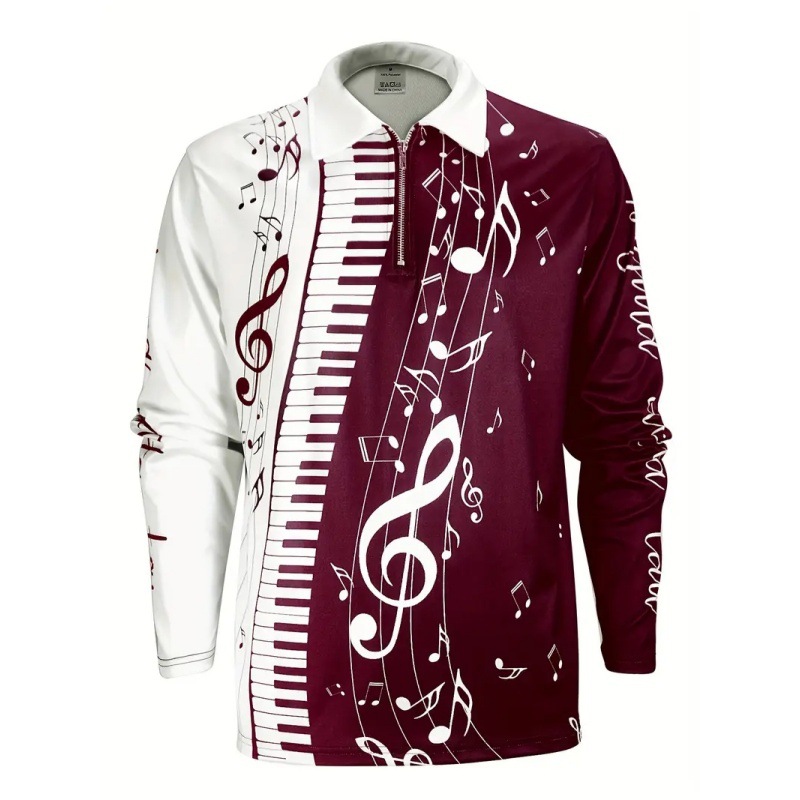 Venta caliente arte piano nota 3D impresión primavera y otoño hombre manga larga solapa suelta hombro cremallera camisa POLO