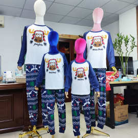 独立站欧美圣诞节亲子装鹿头雪花树字母印花睡衣长袖长裤蓝色套装