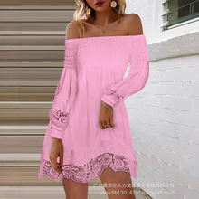 OFS026B上新外贸欧美蕾丝拼接一字肩裹胸长袖连衣裙