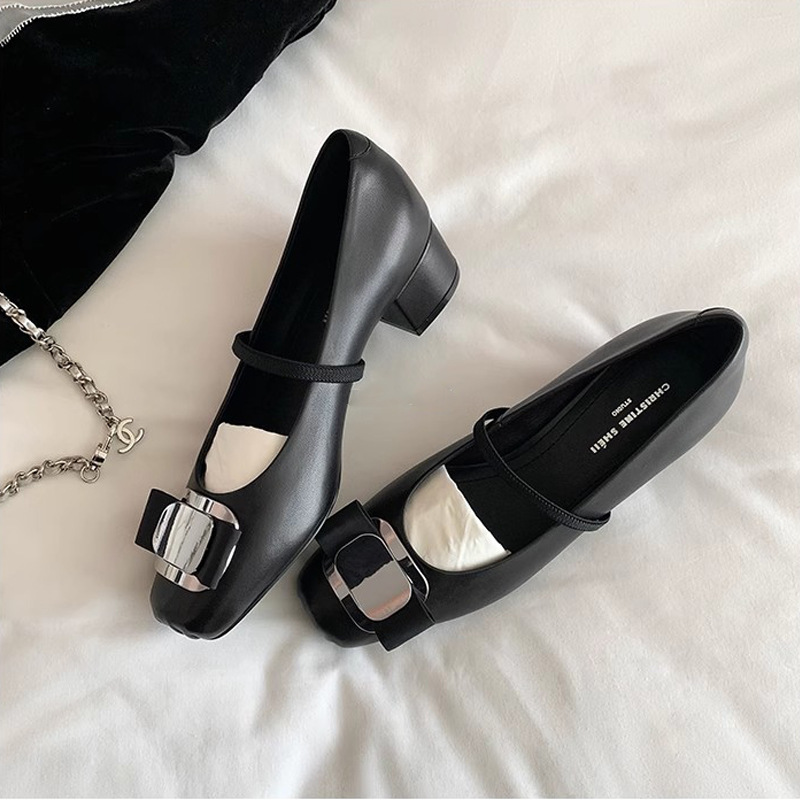 Nuevo Modelo Primavera 2025 ~ Zapatos Planos Mary Jane con Tacón Grueso y Lazo en la Punta Cuadrada, Zapatos de Ballet para Mujer
