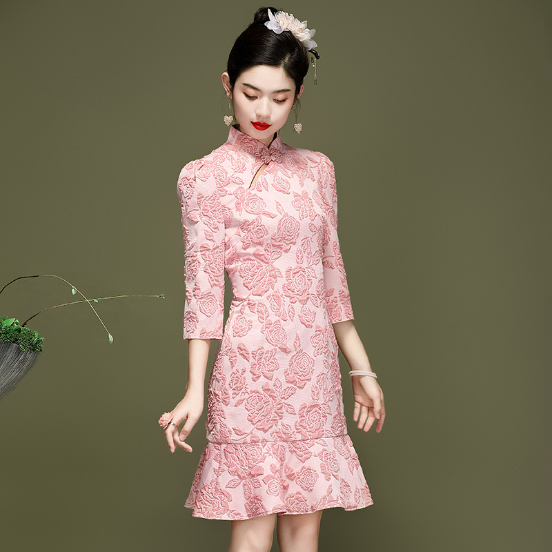 反季清 中国风女装春季改良短款鱼尾旗袍连衣裙230526