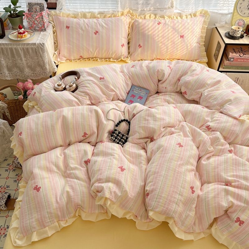 Doble hilo impresión de encaje de cuatro piezas en la cama de cuatro piezas sábanas de cama de tres piezas al por mayor