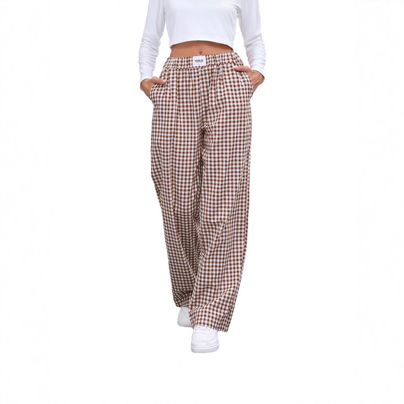 European and American Cross-Border Women's Long Pants. 2026 New Spring and Summer Pure Cotton Plaid Casual Loose Pocket Long Pants European and American Cross-Border Women's Long Pants. 2026 New Spring and Summer Pure Cotton Plaid Casual Loose Pocket Long Pants