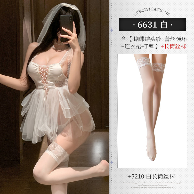 ◆순수한 사랑의 신부◆화이트 [나비베일+레이스넥링+드레스+티팬츠]+화이트스타킹