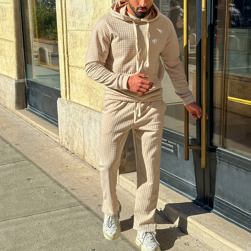 Independent autumn and winter men's jacquard small grid hooded sweatshirt, long pants, casual sports suit_voghion.com