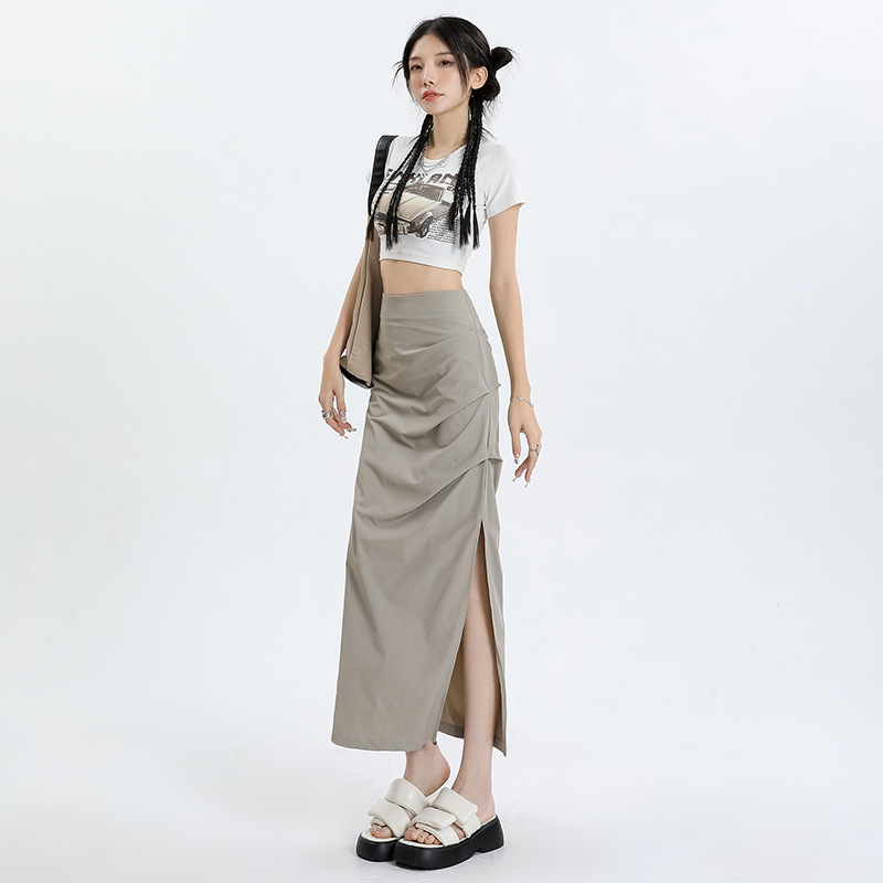 Hot Girl Pleated Slit Work Skirt Autum Thin High-Waisted Slimming Look Mid-Length A-Line Hip-Covering Versatile Skirt for Women