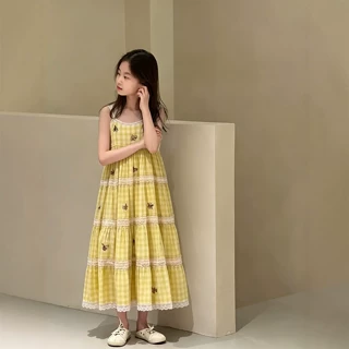 女童连衣裙儿童裙子夏装2026新款田园风黄色格子花边甜美吊带裙潮
