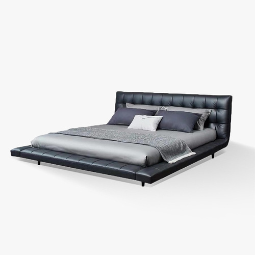 Onda Genuine Leather Bed: Barcelona Designer Pouf-Style Plaid, Floating Design, Italian Minimalist Double Bed with Sleek Side Rails