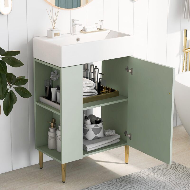 Bathroom Bottom Sink Cabinet Single Cabinet One-door Open Storage with Laminated Metal Feet Green Side