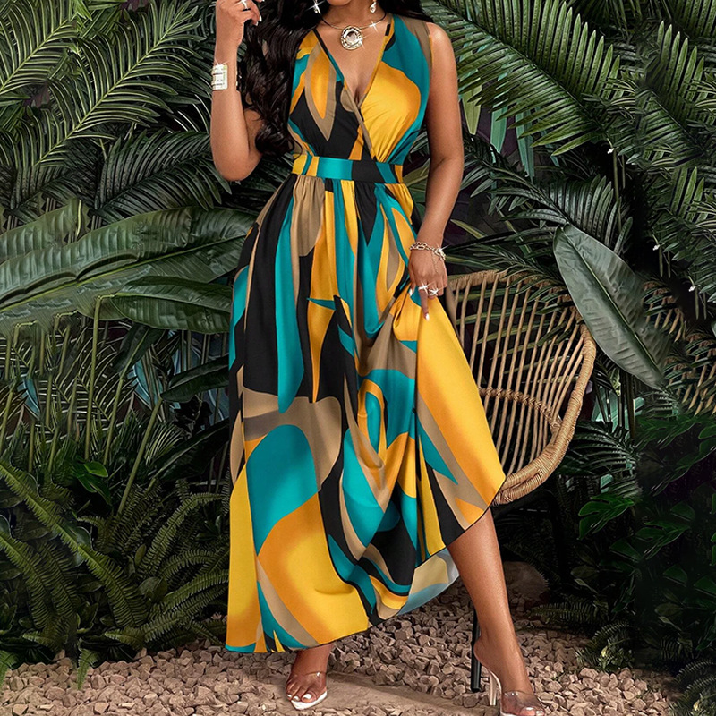 High Waist Waist Line Family Gathering, Travel, Beach Occasion V Neck Neckline Wholesale Women's Elegant Sexy Tropical Printing Printing Family Gathering Travel Beach V Neck Sleeveless A- Line Skirt