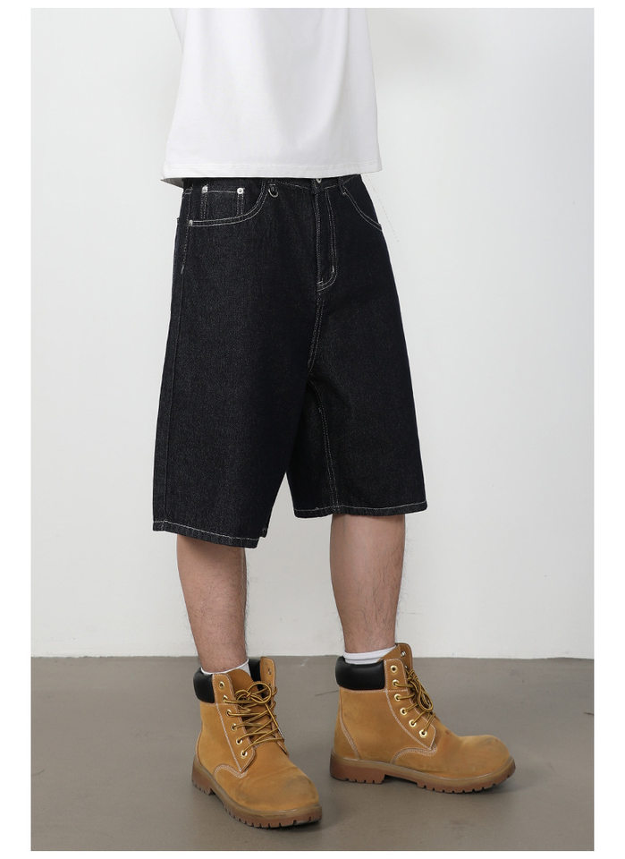 Quần short jean nam lửng ống rộng dáng suông phong cách retro, chất liệu denim thô — Denim đen, Xanh denim chi tiết 12