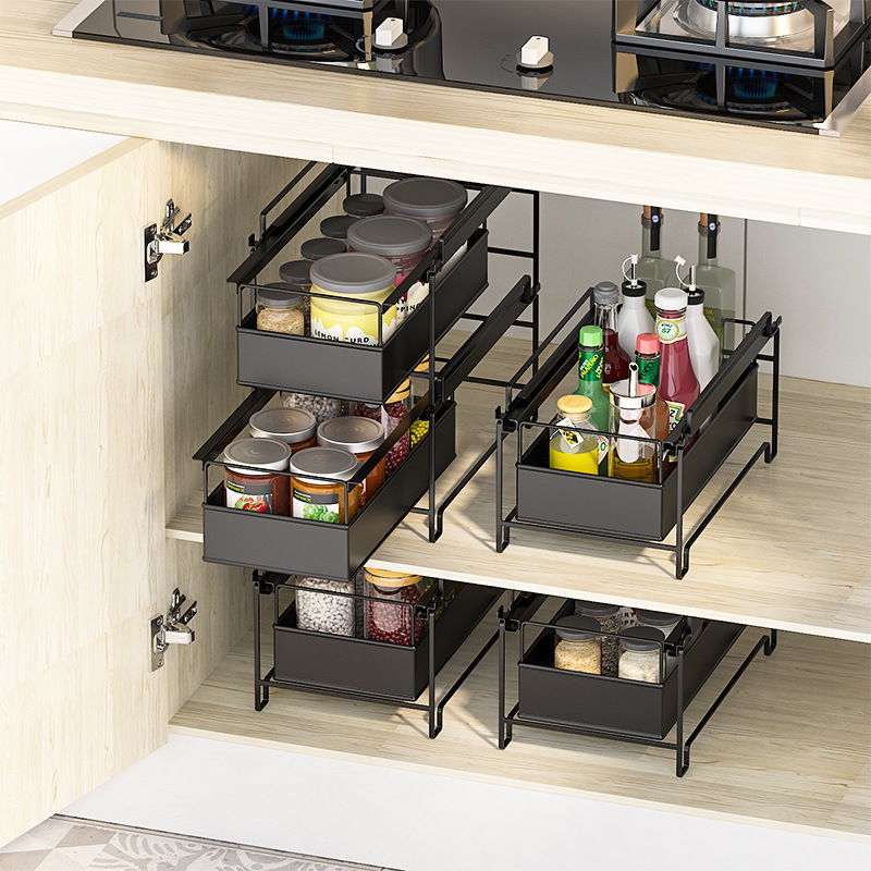 Fregadero de la cocina de almacenamiento estante de superficie de la estufa en capas Push-Pull cajón condimento rack de almacenamiento