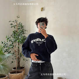 欧美街头秋季新款圆领套头毛衣跨境小众潮牌字母提花长袖针织衫