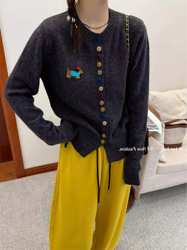 秋季新款女装刺绣小狗彩扣圆领长袖针织开衫韩系百搭减龄毛衣外套|undefined