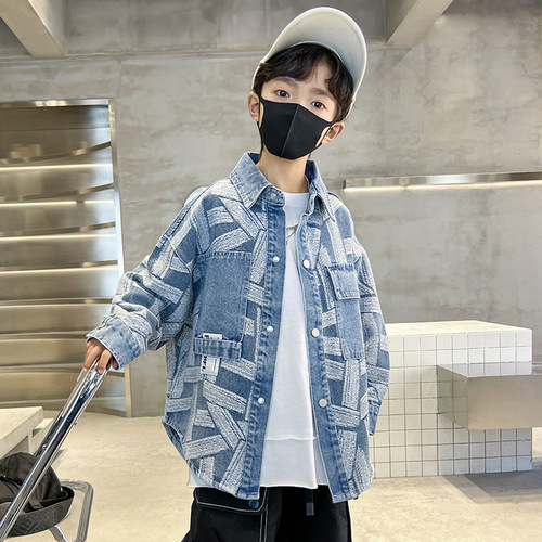 Boy's Spring Outfit Jacket Cool and Stylish 2024 New Children's Spring Top for Middle Children Spring Denim Jacket Trendy Hip Brand