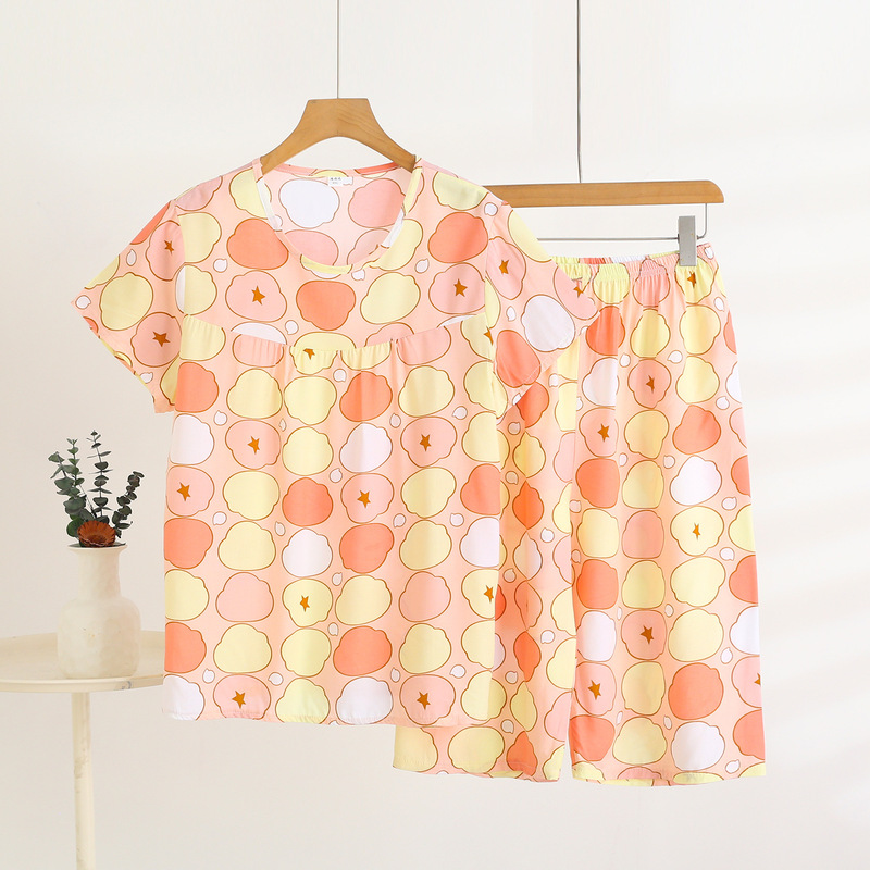 Summer New Cotton Silk Printed Round Neck Short-Sleeved T-Shirt Loose Short-Sleeved Home Wear Casual Simple Breathable Two-Piece Set