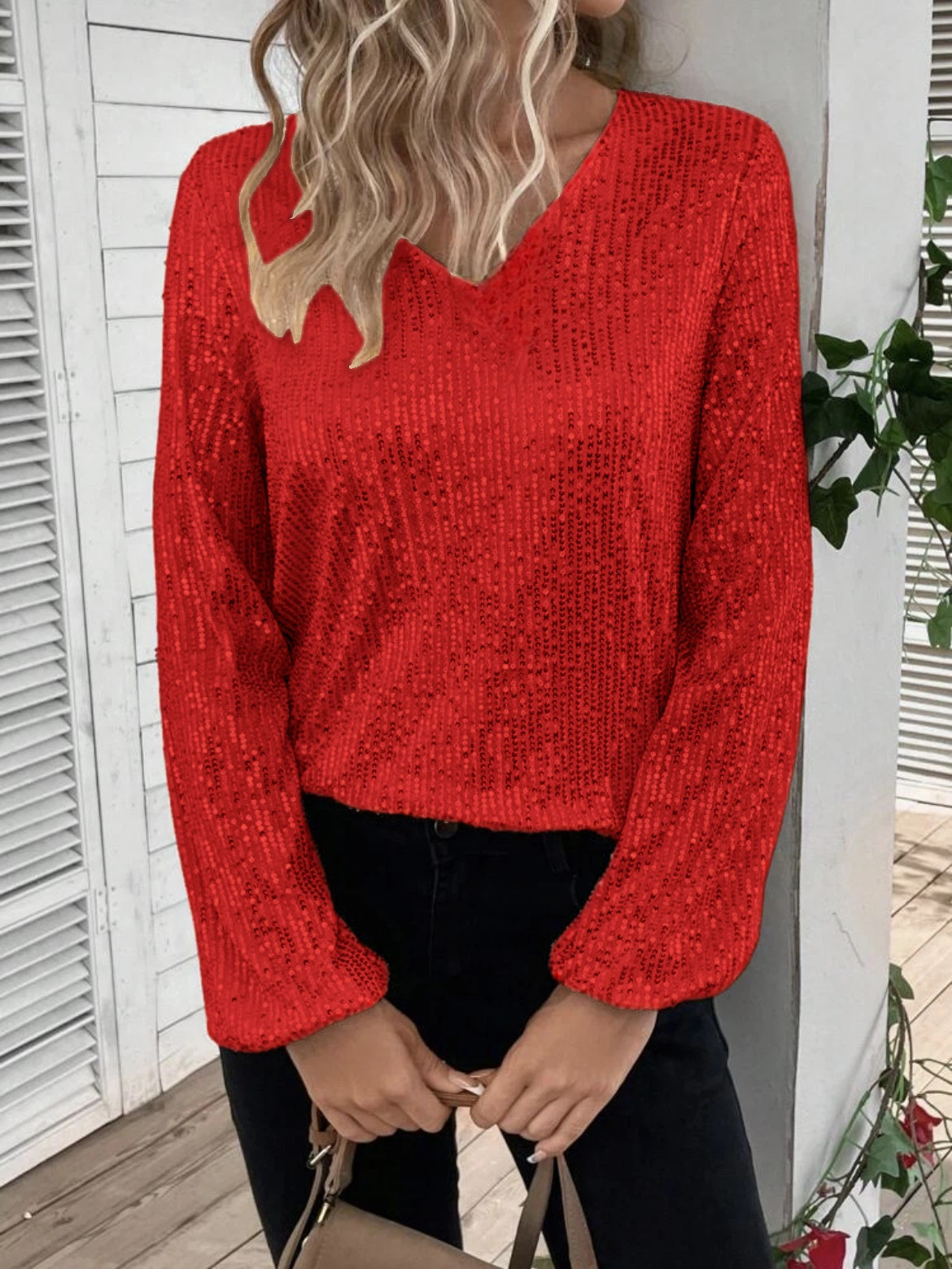 Elegant Women's V-neck Sequin Tunic Top, Long Sleeve Glitter Tee_voghion.com