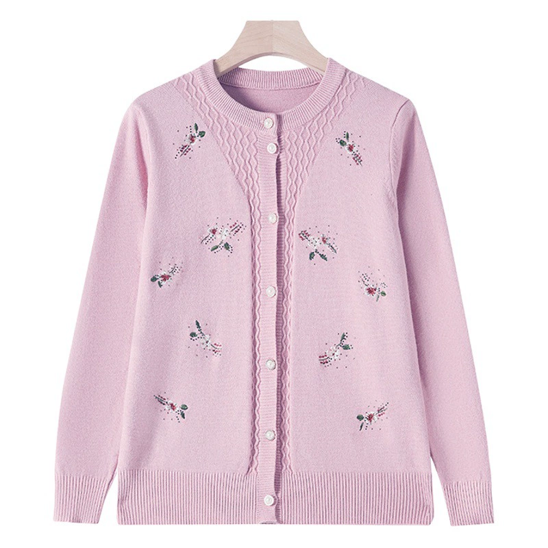 Весенний женский свитер для женщин среднего и пожилого возраста, трикотажное пальто, кардиган с круглым вырезом и вышивкой для матери, Свободный Топ больших размеров для 50 лет