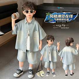 男童夏装喷白牛仔短袖套装韩版儿童帅气休闲套装宝宝洋气衣服外贸