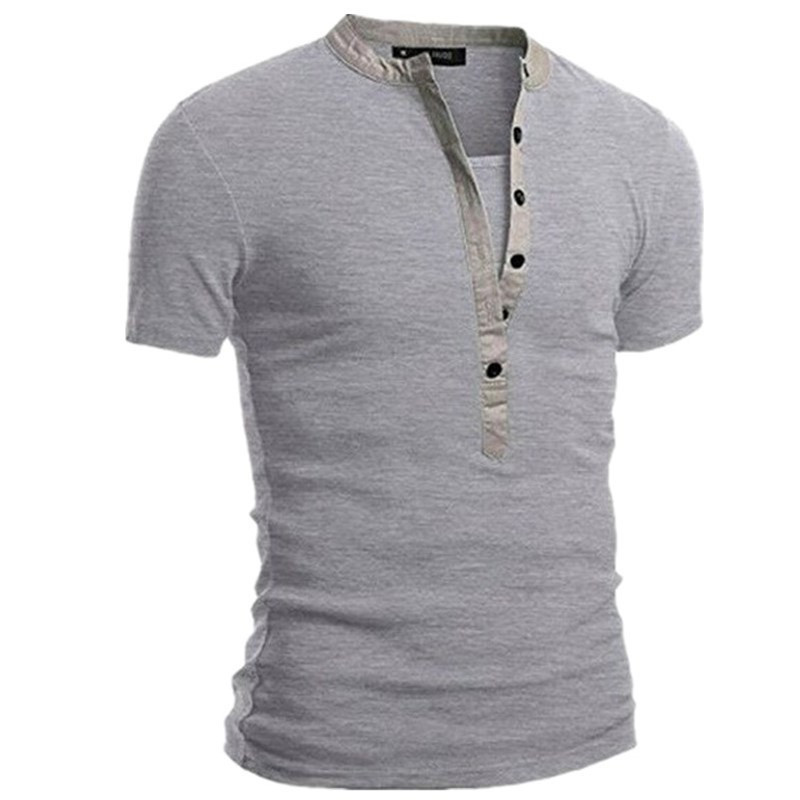 T-shirt d'été à manches courtes et col montant pour homme, couleur unie, coupe slim, boutonné, en forme de V_voghion.com