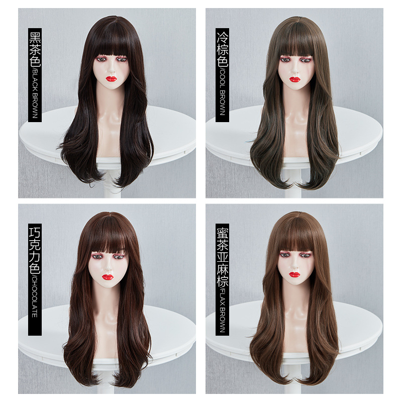 Peluca de pelo largo de las mujeres onda grande Pelo Rizado largo moda natural aire flequillo simulación pelo red reparación de la cara roja cubierta de la cabeza completa