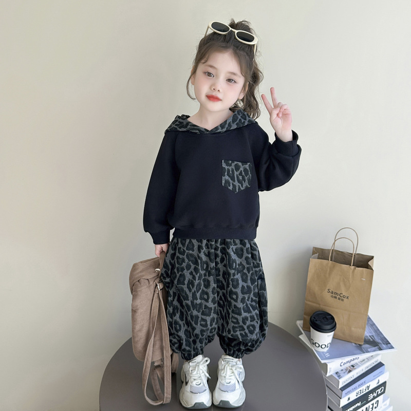 女童休闲套装春秋装2025新款儿童装韩版宝宝连帽卫衣豹纹裤两件套|undefined