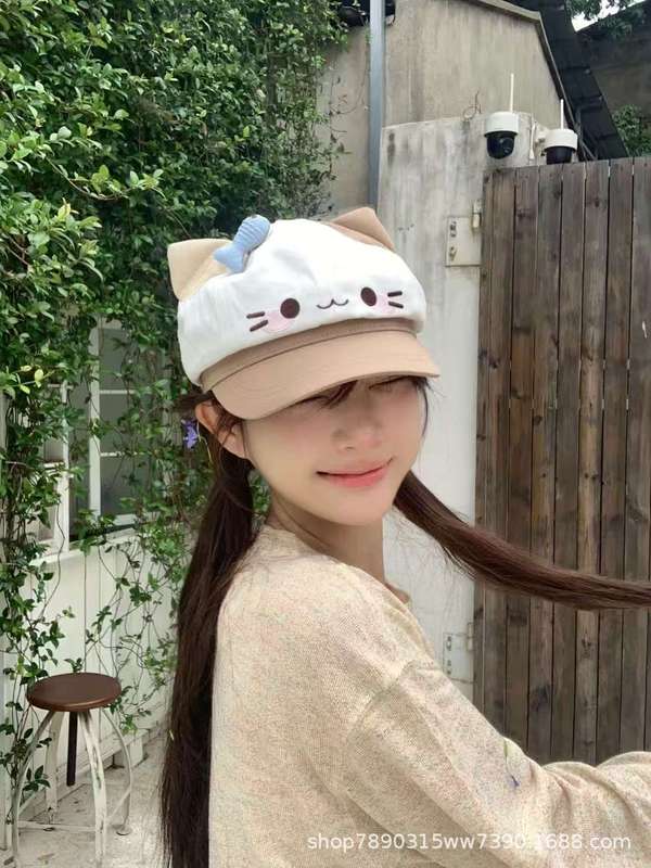 甜美可爱小鱼猫咪贝雷帽女卡通显脸小百搭八角帽可爱俏皮画家帽子|undefined