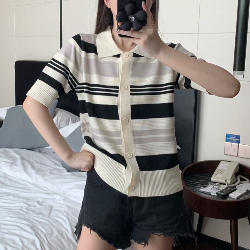 Special Non-Returnable Cos Style Spring and Summer New Fashion Casual Stripesd Color Matching Short-Sleeved Elegant Design Pol Collar Knitwear Special Non-Returnable Cos Style Spring and Summer New Fashion Casual Stripesd Color Matching Short-Sleeved Elegant Design Pol Collar Knitwear