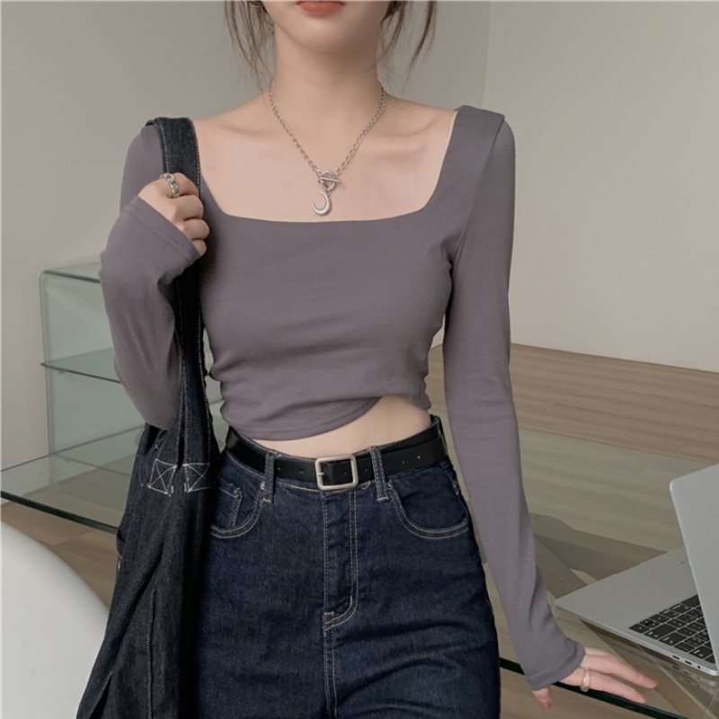 Principios de otoño diseño de manga larga Camiseta cuello cuadrado de las mujeres slim fit adelgazar clavícula cuello bajo ombligo corto camisa de fondo superior