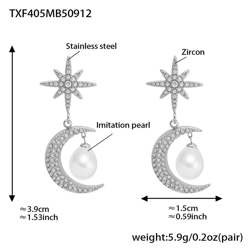 方糖 欧美风满钻锆石月亮吊坠项链耳环 八芒星耳钉不锈钢首饰套装|undefined