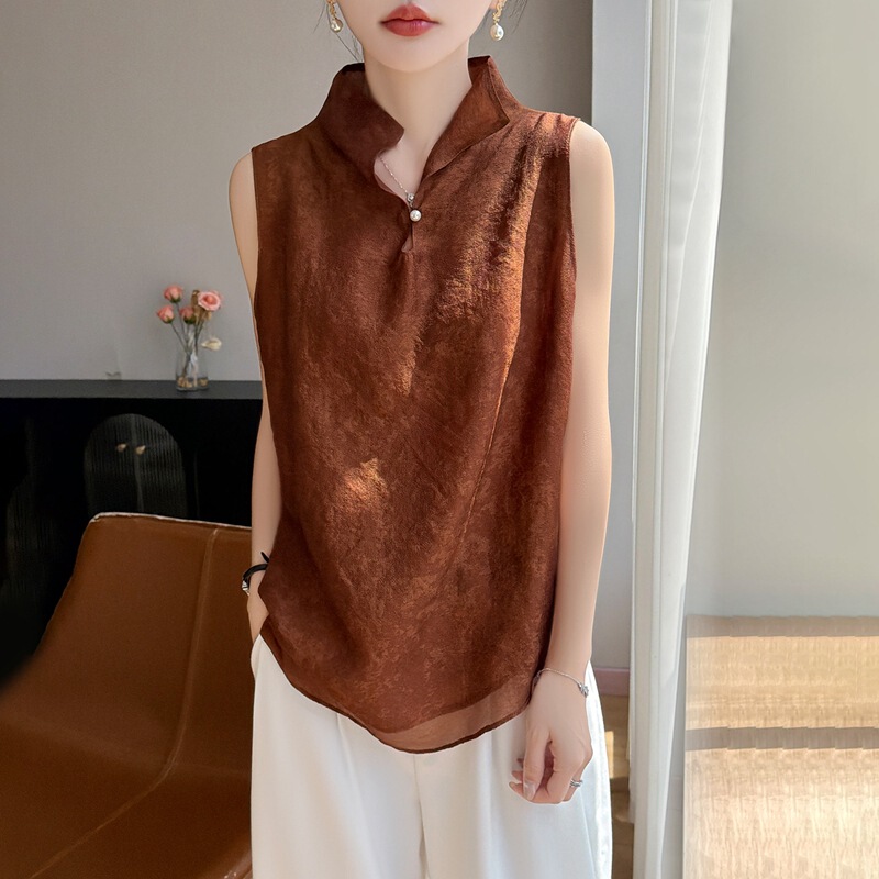 Cross-border New Chinese Style Elegant Stand Collar Sleeveless Slimming Shirt for Women, Summer Lightweight Organza National Style Buttoned Loose Inner Layer Cross-border New Chinese Style Elegant Stand Collar Sleeveless Slimming Shirt for Women, Summer Lightweight Organza National Style Buttoned Loose Inner Layer