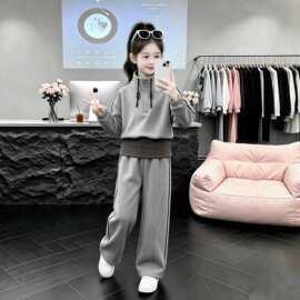 女童春秋季新款时尚潮流拼色假两件长袖上衣阔腿裤休闲运动两件套