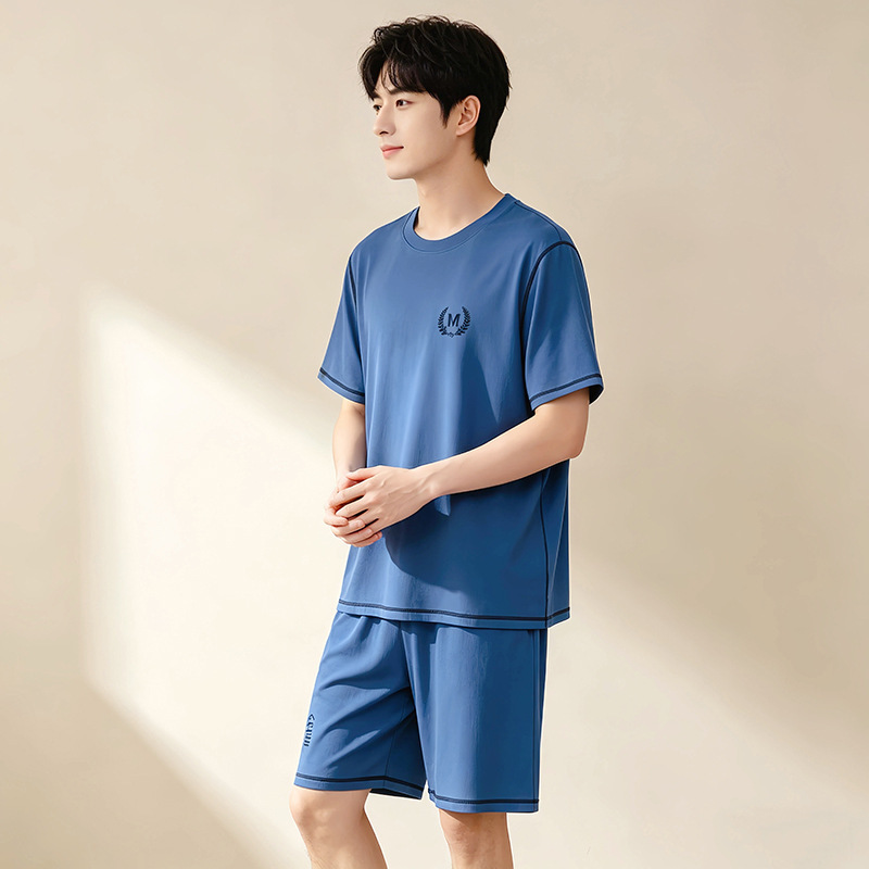 Ice Silk Pajamas, Short-Sleeved Shorts, Men's Summer Cool-Style Clothing for Teenagers, Large Size Home Wear Set, Ready for Sale Ice Silk Pajamas, Short-Sleeved Shorts, Men's Summer Cool-Style Clothing for Teenagers, Large Size Home Wear Set, Ready for Sale