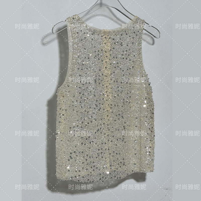 Fashion Yani European and American Heavy Industry Sequin Sleeveless Vest Top Women's Sexy Spice Girl Pearl Beaded apricot Shirt