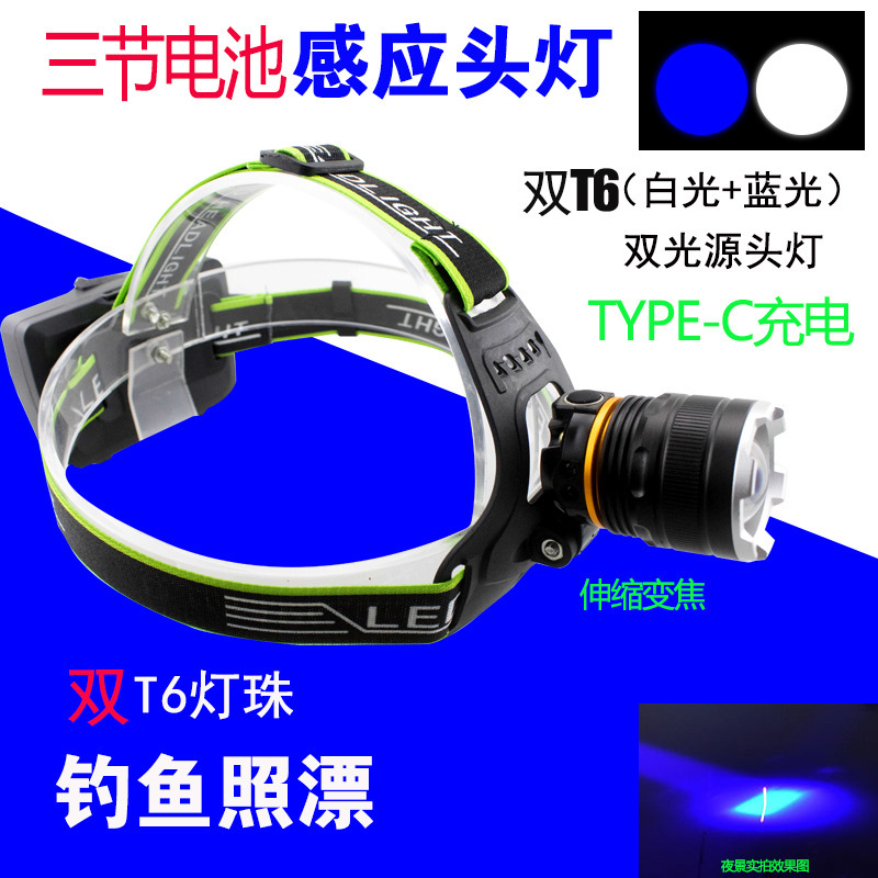 ダブル T6 白と青のデュアル光源誘導充電式ヘッドランプ白色光と青色光釣り夜釣りライト 3 バッテリーバックパック|undefined