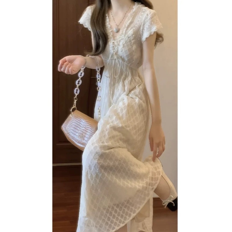 法式重工手作连衣裙 V领长裙蕾丝气质显瘦A字裙高腰茶歇裙 夏2025|undefined