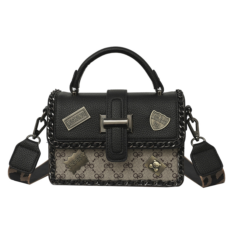 Women's PU Leather Vintage Shoulder Bag, 2025 New Contrast Color Monogram Badge, 2 Adjustable Straps, Crossbody Messenger Bag_voghion.com