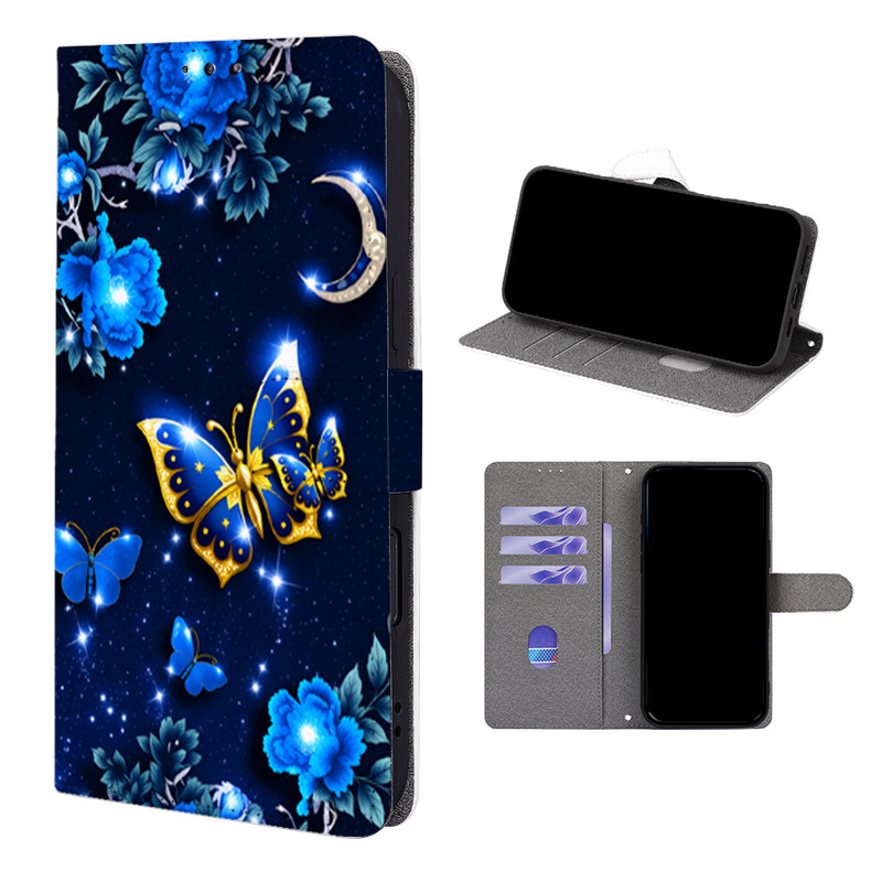 Personalized Butterfly Painting Suitable for Apple 17 Mobile Phone Leather Case Iphone16E Card Holder 15 Flip Cover 14 Anti-Fall Case 12