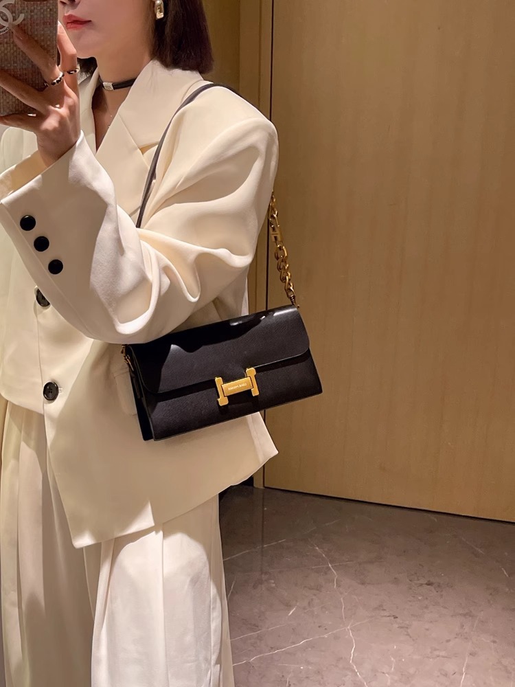 Túi đeo chéo nữ dáng baguette retro sang trọng, quai xích, phong cách thời thượng — Màu đen, Màu đỏ gốm, Màu mơ than chì, Ánh trăng trắng chi tiết 6