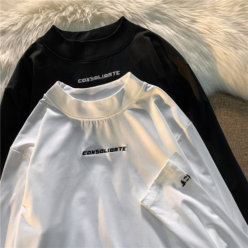 Half High School Style Men's Sweatshirt Spring Korean Version Loose Casual Long Sleeve T-Shirt Trendy Versatile Base Shirt