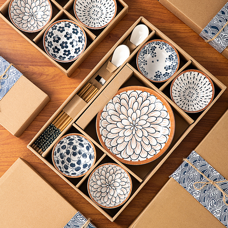日式陶瓷碗礼品套装开业活动餐具赠送碗创意青花瓷套碗礼盒印LOGO