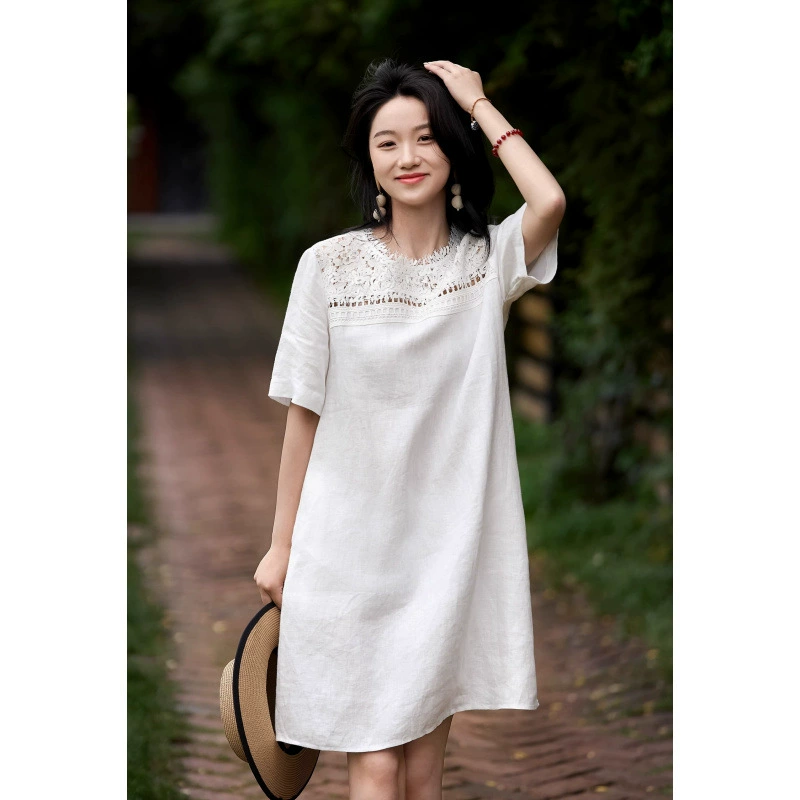 Платье свободное с круглым вырезом женская прямая юбка 25 Xia Xin 30 рами 70 хлопок