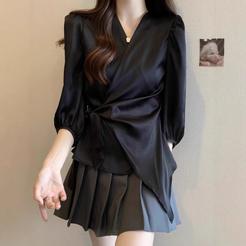 Elegant Satin French-Style Unique Design Tie-Front Purple Slim-Fit Top Shirt with Waist-Cinching V-Neck for Layering