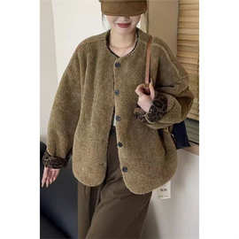 设计感撞色皮毛一体外套女秋冬款羊羔毛圆领单排扣开衫棉衣上衣潮